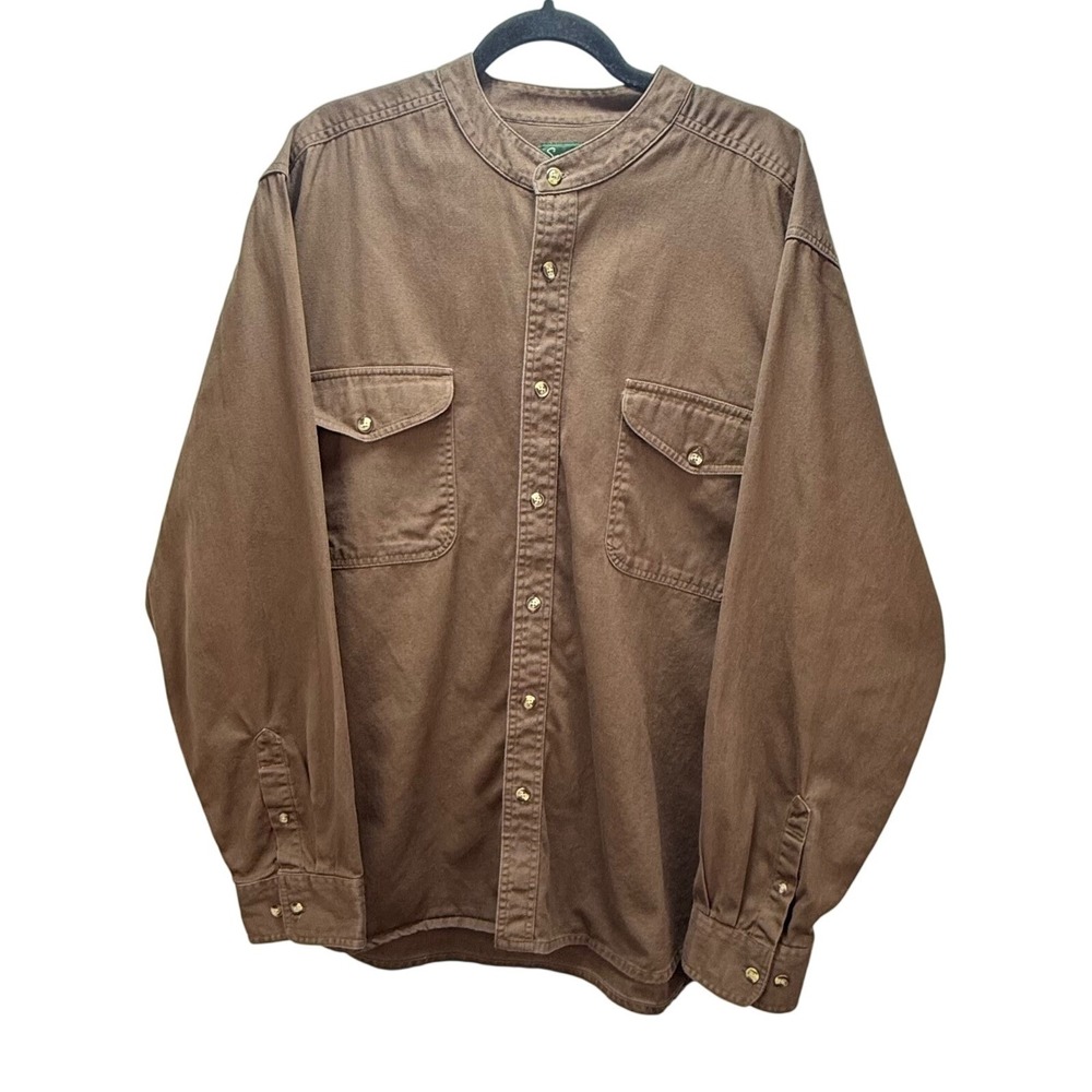 Scandia Woods Shirt 2XL Brown Cotton Banded Mandarin Collar Workwear Vintage